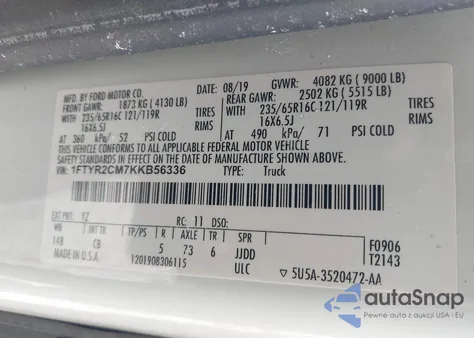 2019 Ford Transit-250 z USA, uszkodzony, nr VIN 1FTYR2CM7KKB56336